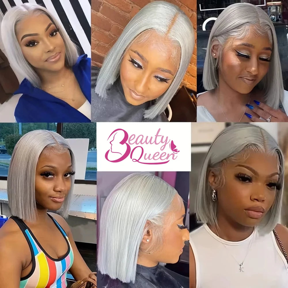Straight Short Bob Gray 100% Human Hair Wig Lace Front Grey 13X4 Lace Frontal Bob Wig Colored Raw Human Hair Wigs 210 Density