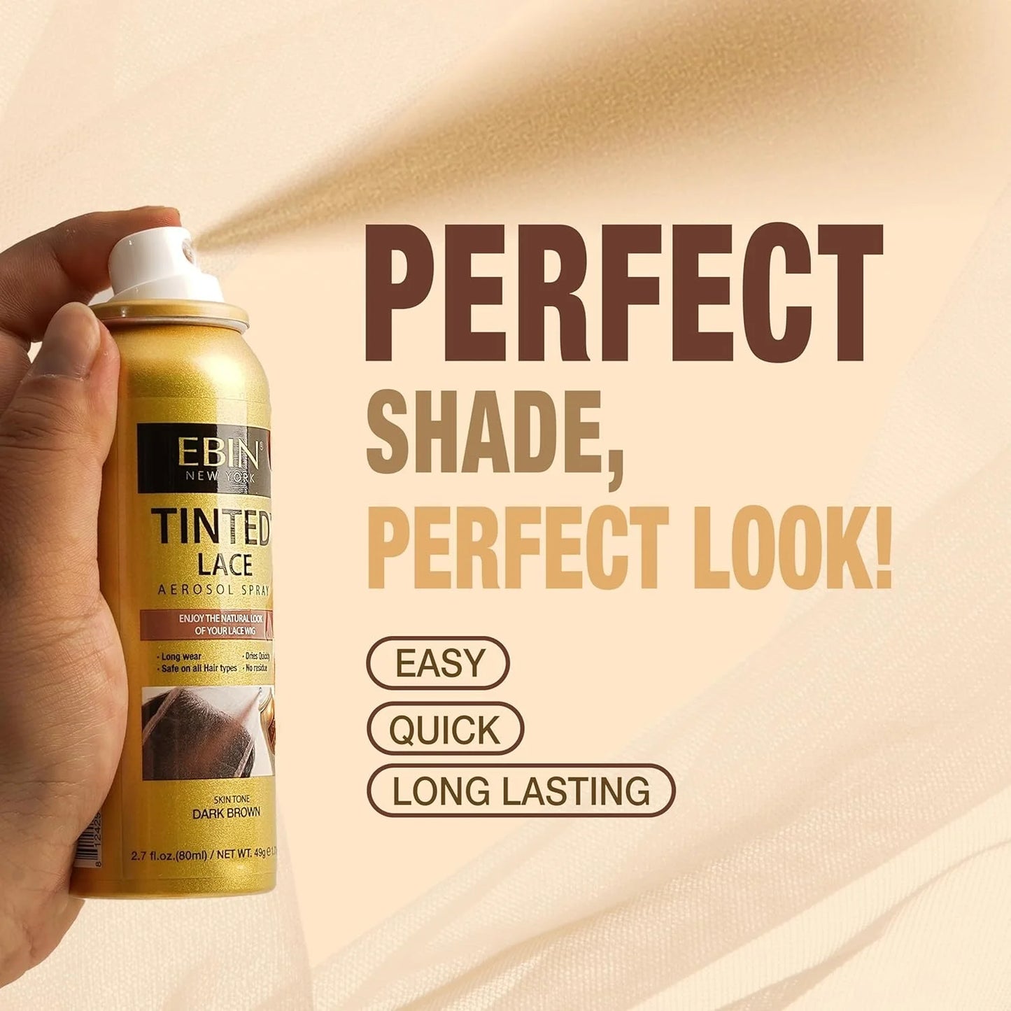 Ebin New York Tinted Lace Aerosolspray 2.7oz/ 80ml – Schnell trocknend, natürlicher Farbton, ideal für nahtloses Verblenden von Spitzen