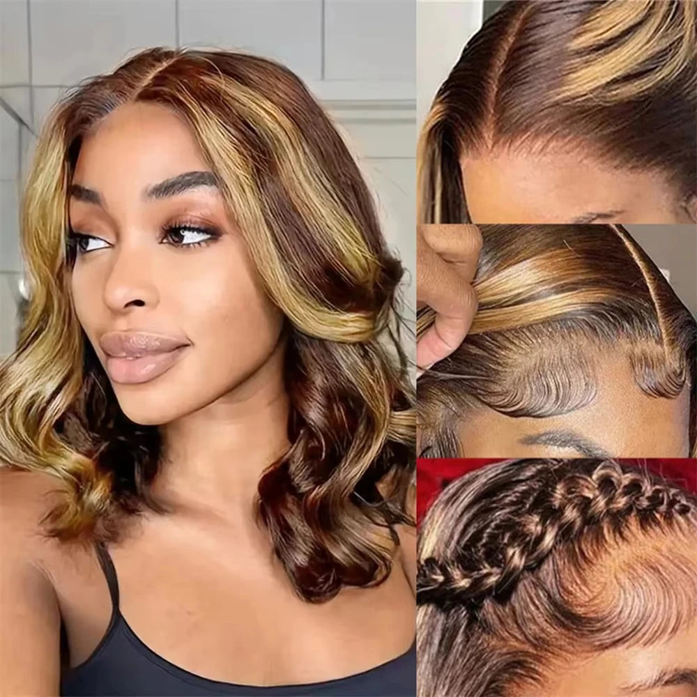 Highlight Body Wave Bob Wig Human Hair 13X4 Lace Front Human Hair Wigs For Women Honey Blonde Transparent Lace Frontal Wig