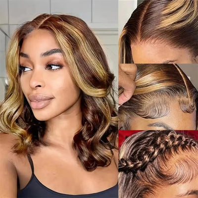 Highlight Body Wave Bob Wig Human Hair 13X4 Lace Front Human Hair Wigs For Women Honey Blonde Transparent Lace Frontal Wig