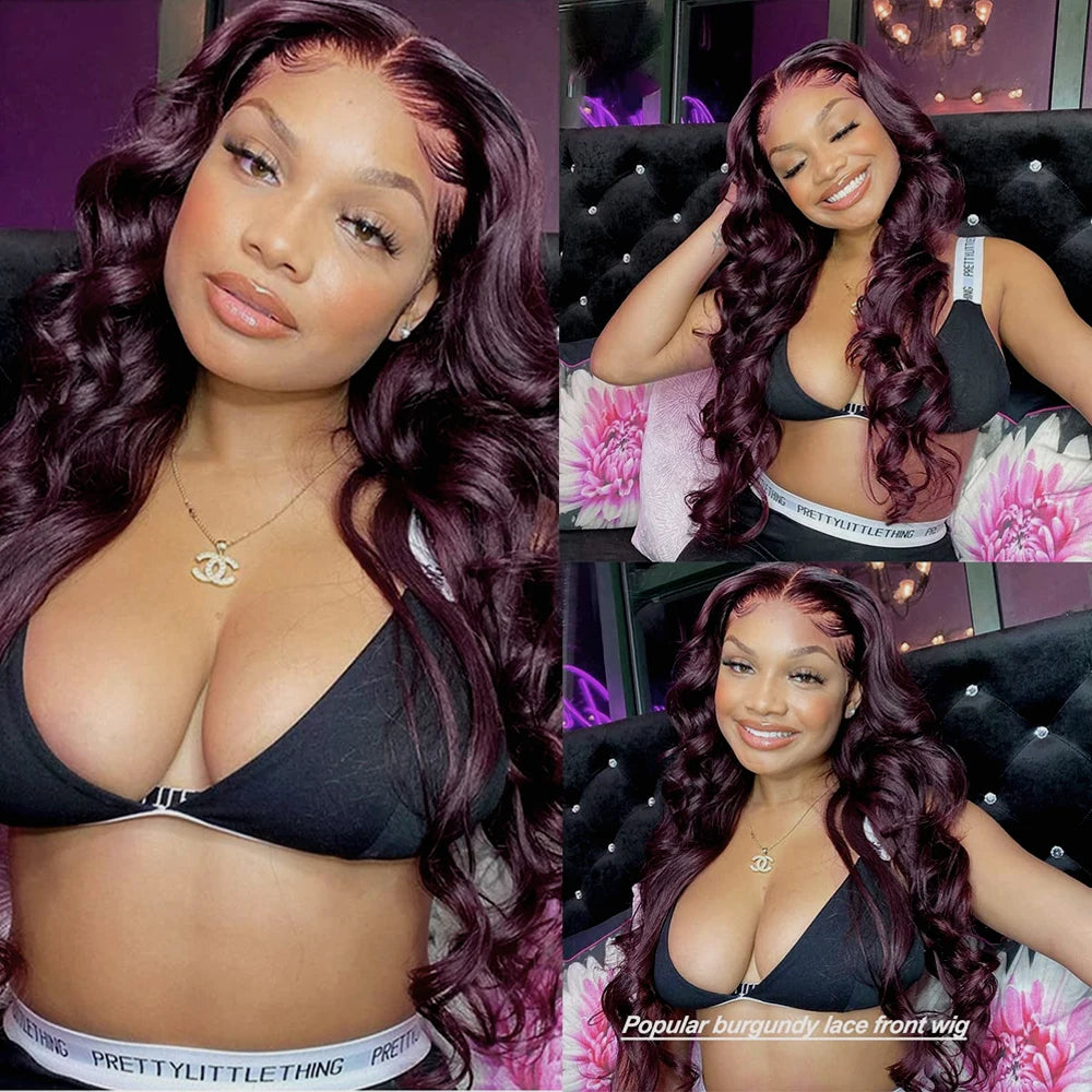200% Density 13X6 Dark Purple Colored Body Wave Lace Front Wigs Pre Plucked Glueless 13x4 Long Wavy Lace Frontal Wigs For Women
