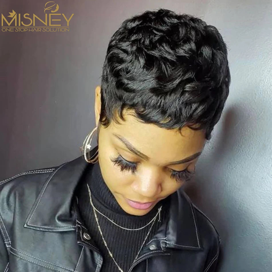 Kurzer Bob, glatte Echthaarperücken, Naturfarbe, brasilianisches Remy-Haar, Pixie Cut Perücke, günstige Echthaarperücke für schwarze Frauen Misney