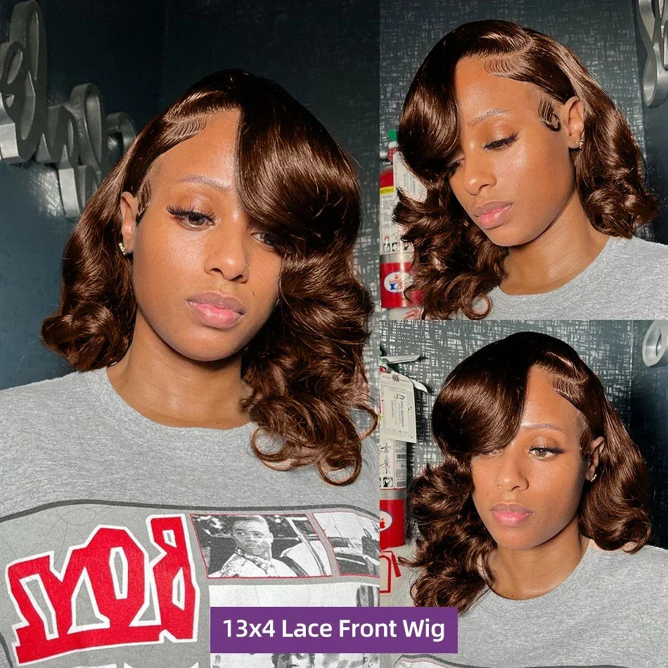 250% Density Dark Brown #4 Short Bob Wig 13x4 HD Lace Front Wig Loose Body Wave Bob Wigs For Women 100% Human Hair Lace Wigs