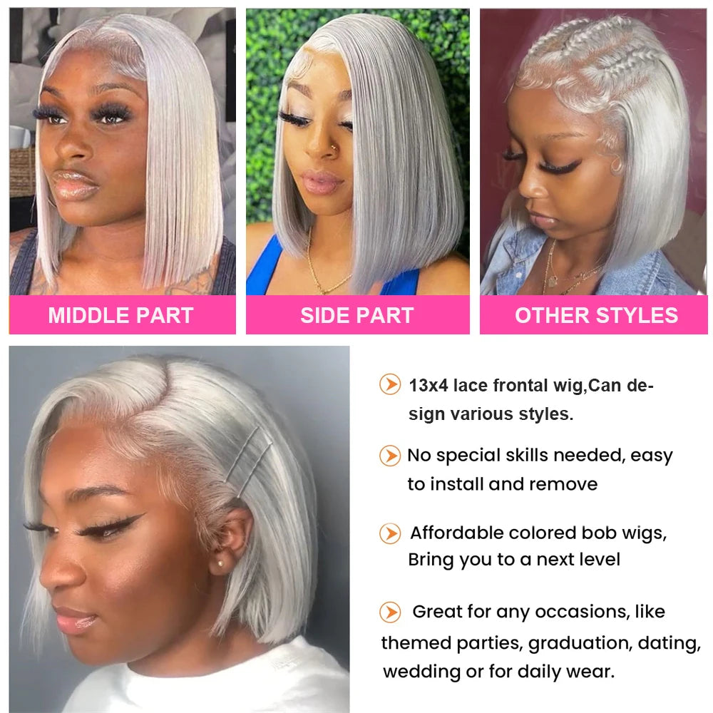 Straight Short Bob Gray 100% Human Hair Wig Lace Front Grey 13X4 Lace Frontal Bob Wig Colored Raw Human Hair Wigs 210 Density