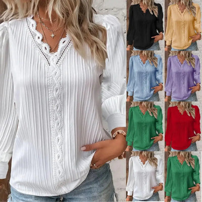 Damen-Spitzen-Naht-Hemd Lockere Nähte V-Ausschnitt Langarm-Pullover Chiffon-Hemd Herbst-Top Schlichte elegante Straßenbluse