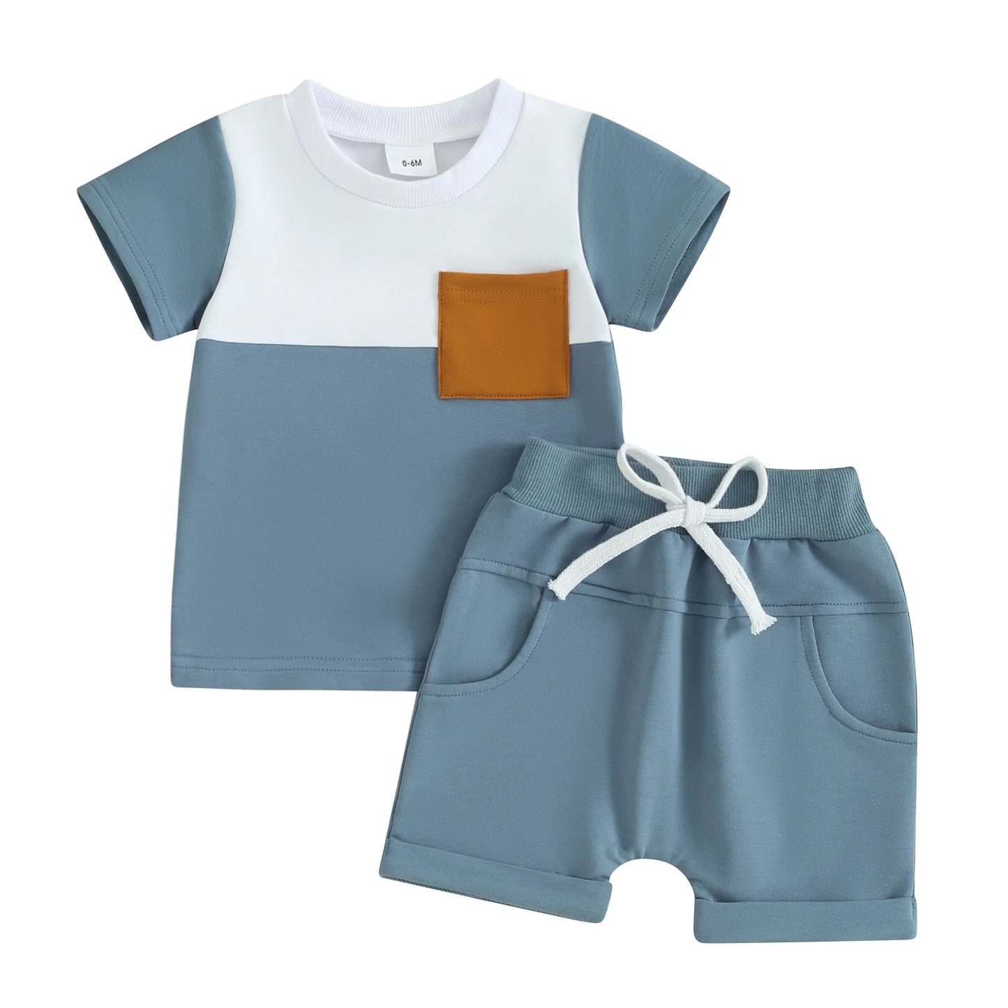 Fashion Summer Baby Boys Clothes Set Short Sleeve Pocket Contrast Color T-shirt + Elastic Waist Shorts 2PCS Kids infant Outfits