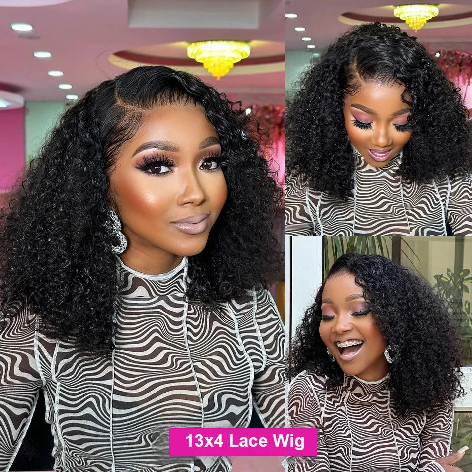 Brazilian 100% Human Deep Curly Bob Hair Wigs Natural Black Color Deep Wave HD Lace Front Part 13x4 Transparent Lace Wigs