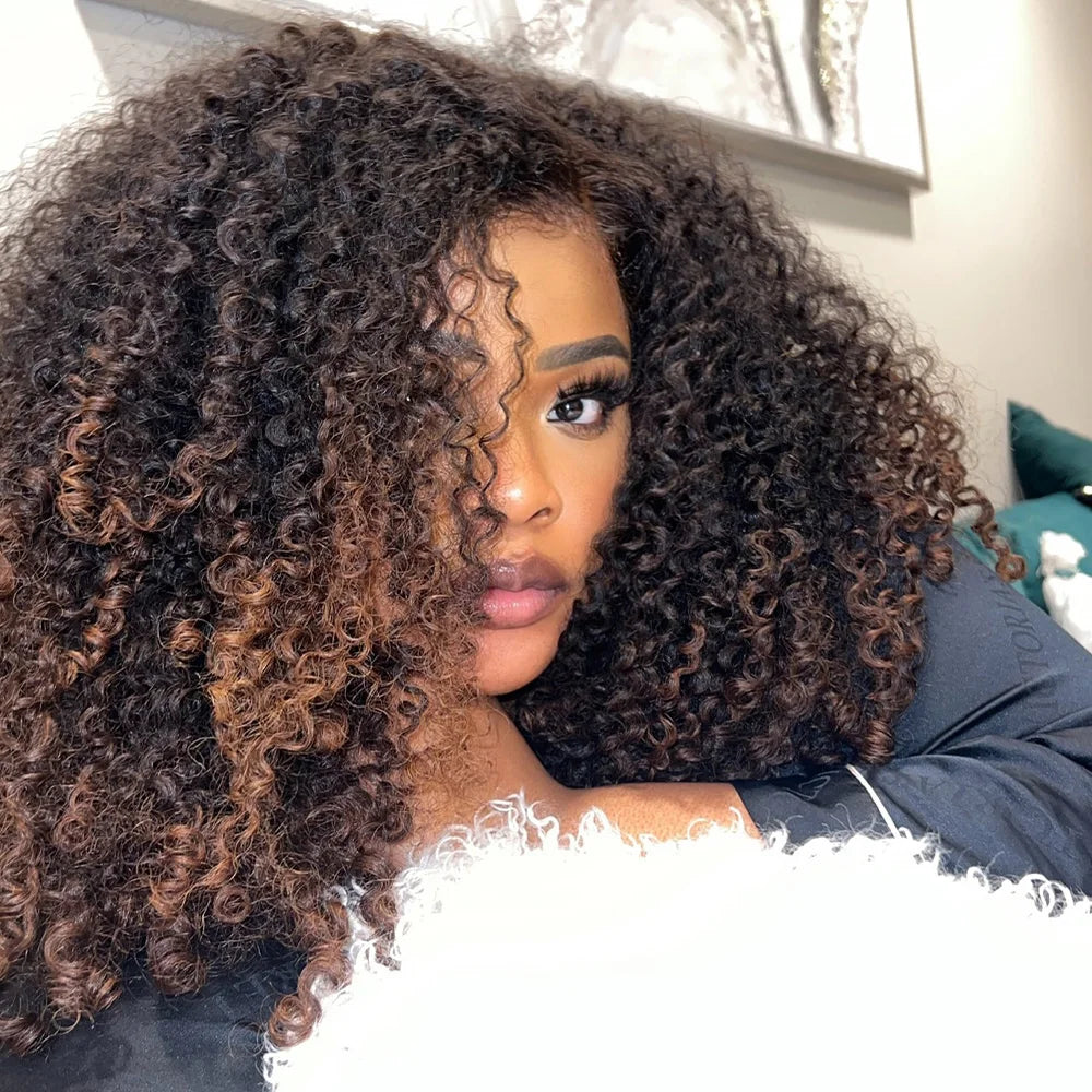 Ombre Brown Wear Go Human Hair Wigs Pre-Styled Layered Cut Kinky Curly Wig HD 7x5 Glueless Pre-Cut Wig for Quick Installation