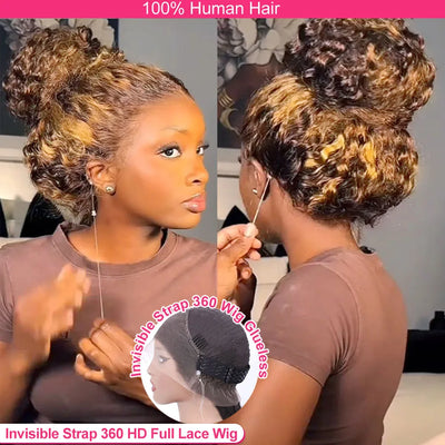 Wasserwelle 30 Zoll Unsichtbarer Riemen 360 Voll-Spitzenperücke Honigblond Highlight Tiefe Welle Frontalperücke Klebefreie Perücke Echthaar