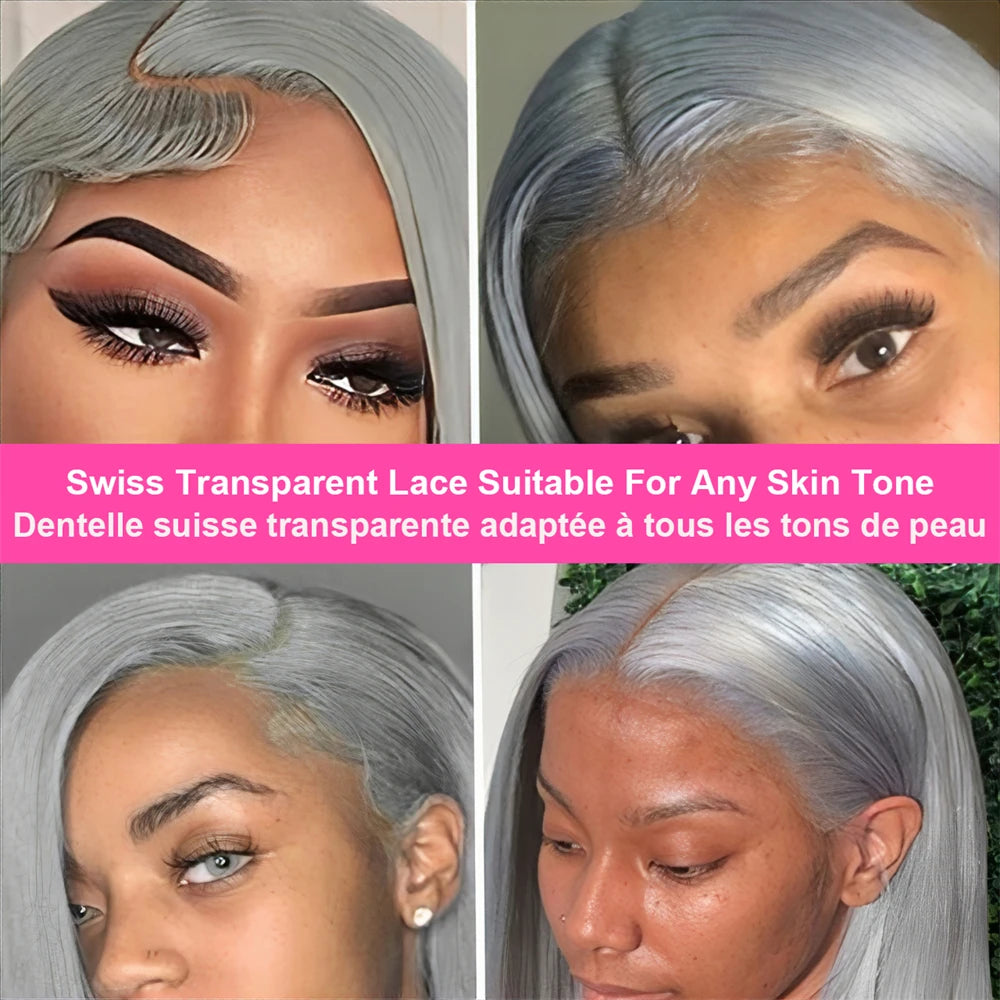 Straight Short Bob Gray 100% Human Hair Wig Lace Front Grey 13X4 Lace Frontal Bob Wig Colored Raw Human Hair Wigs 210 Density
