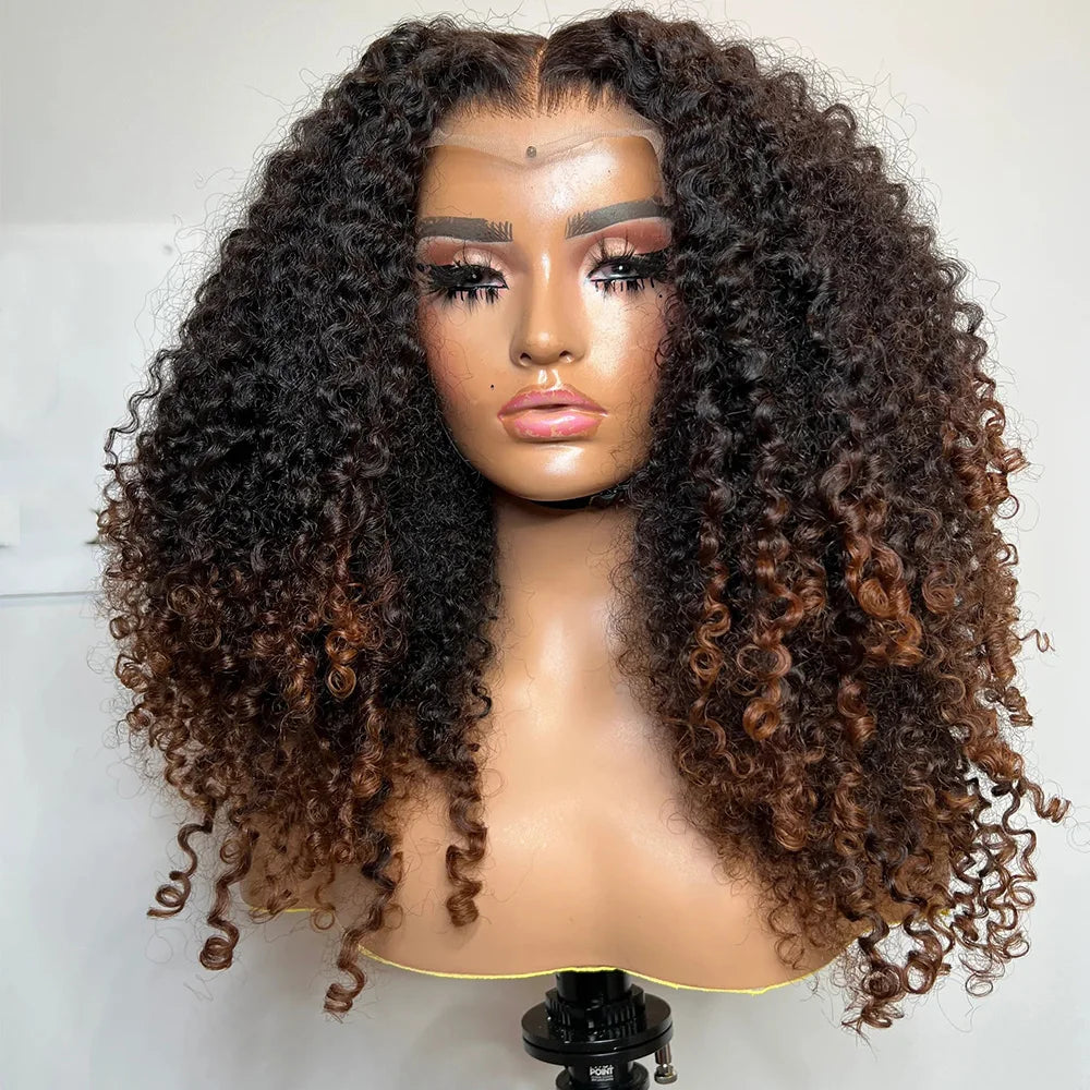 Ombre Brown Wear Go Human Hair Wigs Pre-Styled Layered Cut Kinky Curly Wig HD 7x5 Glueless Pre-Cut Wig for Quick Installation