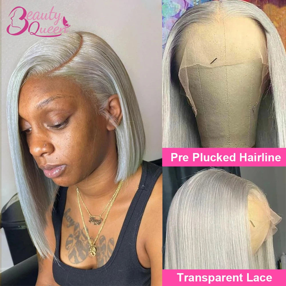 Straight Short Bob Gray 100% Human Hair Wig Lace Front Grey 13X4 Lace Frontal Bob Wig Colored Raw Human Hair Wigs 210 Density