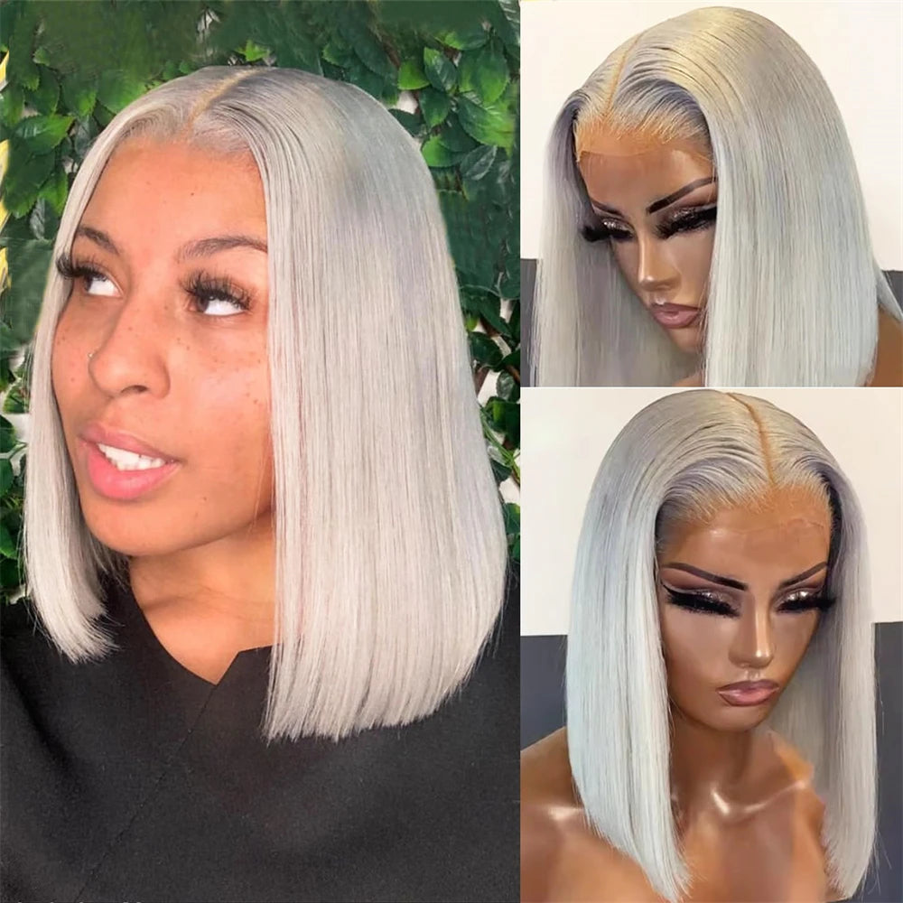 Straight Short Bob Gray 100% Human Hair Wig Lace Front Grey 13X4 Lace Frontal Bob Wig Colored Raw Human Hair Wigs 210 Density