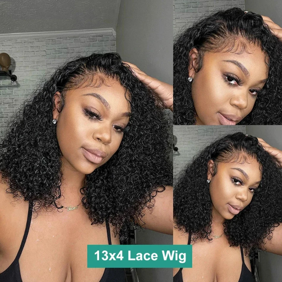 Klebelose Perücke Kurze Krauses Lockiges Bob-Perücke 12A Malaysische Lace-Front Echthaar-Perücken Nasse und Wellige Wasserwelle Bob-Perücke 13x4 Frontalperücke