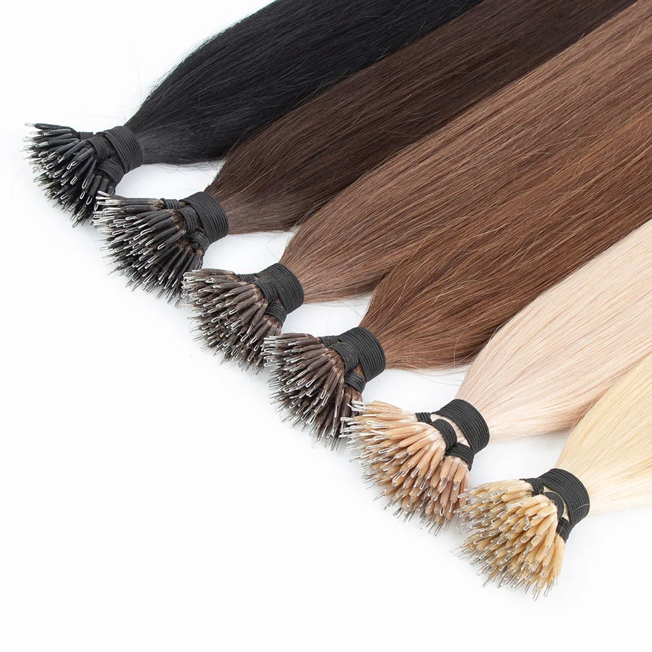 50Pcs Nano Ring Human Hair Extensions Straight Remy Micro Beads Ring Hair Extension 0.5g/0.8g/1g/Strand 12-26Inch Natural Color
