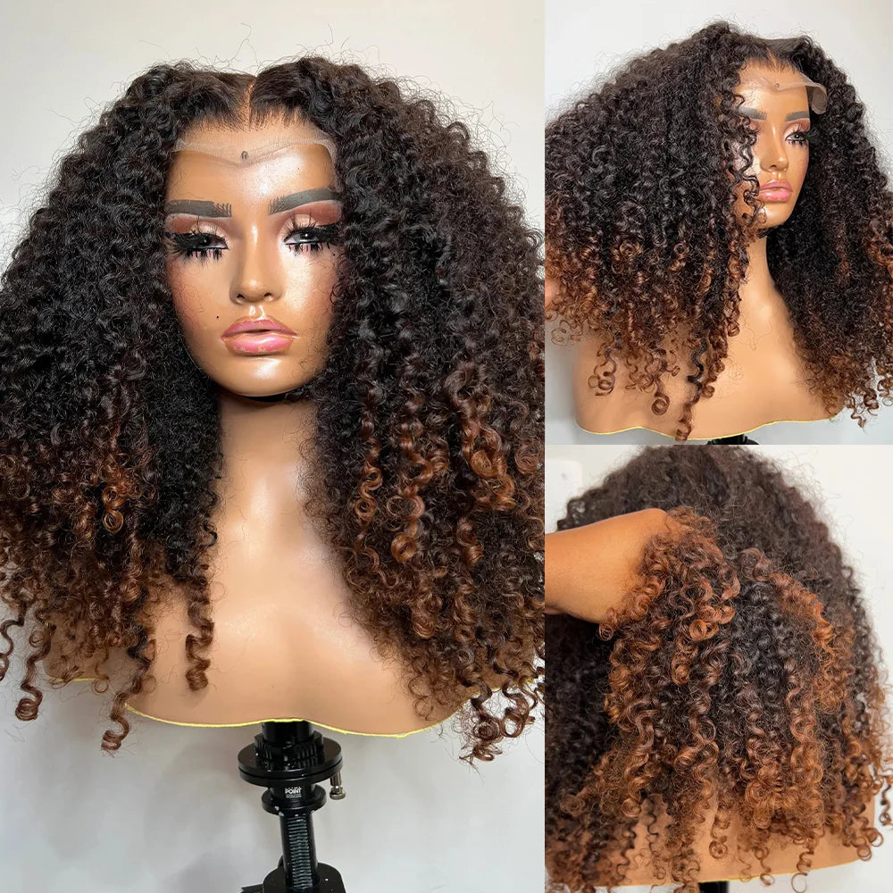 Ombre Brown Wear Go Human Hair Wigs Pre-Styled Layered Cut Kinky Curly Wig HD 7x5 Glueless Pre-Cut Wig for Quick Installation