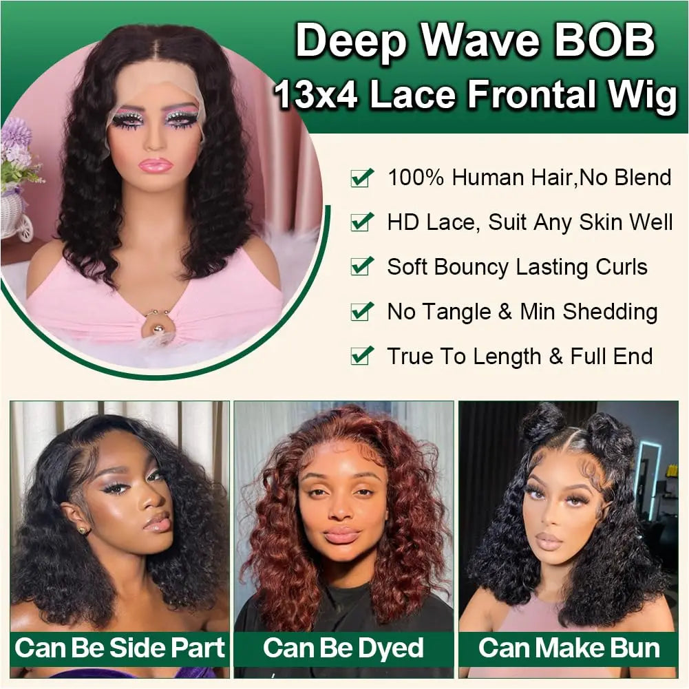 Deep Wave Bob Wig Human Hair Lace Front Wigs For Black Women Human Hair  Invisible Lace Wigs 200 Density 13x4 #1B Natural Black