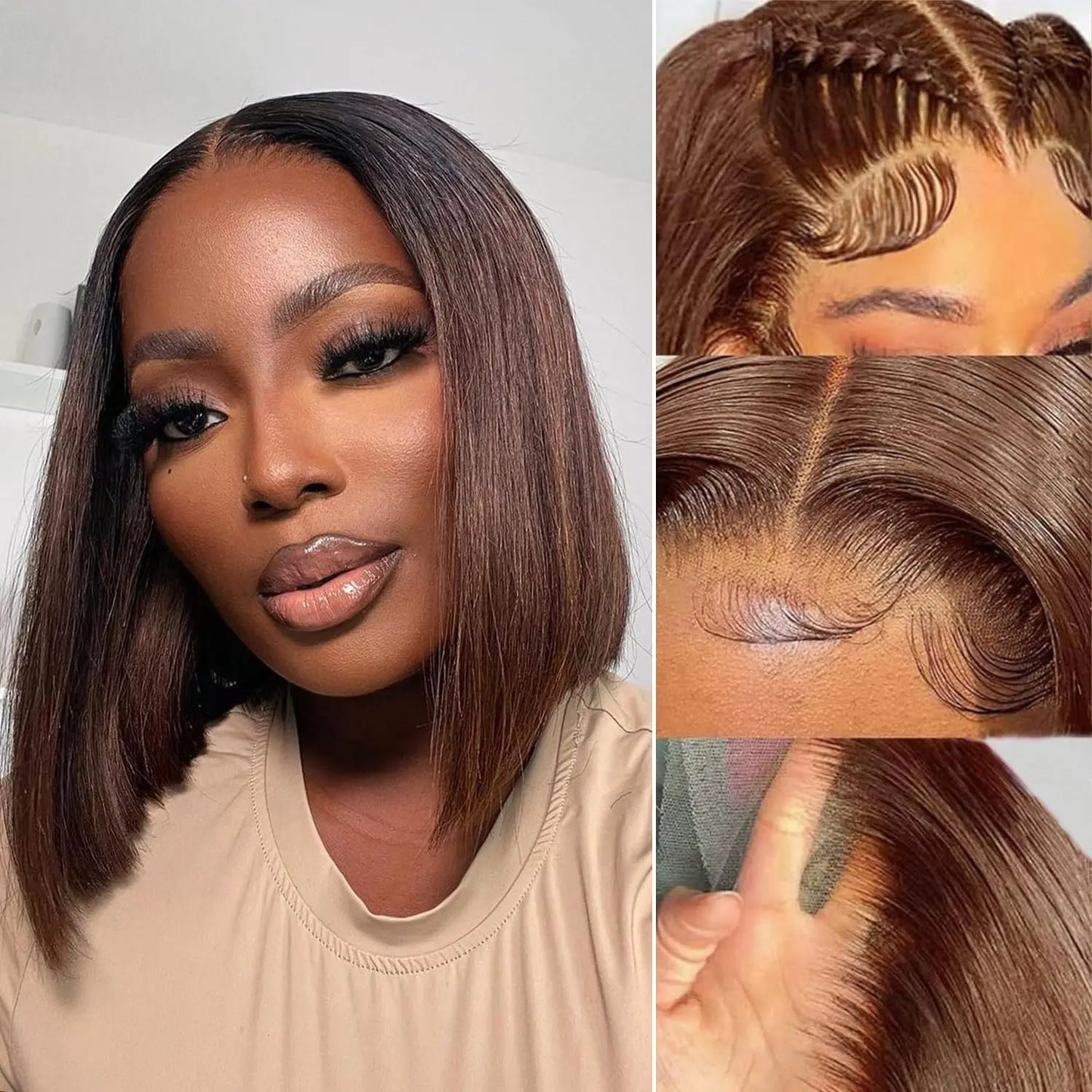 13x4 Transparente HD Lace Frontal Perücke Kurze Bob Perücke Echthaar Schokobraun #4 Lace Front Perücken Vorgezupft Kurze Glatte Perücke