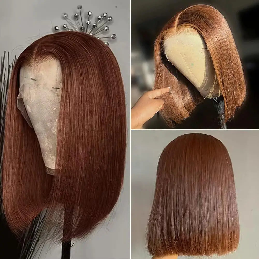 13x4 Transparente HD Lace Frontal Perücke Kurze Bob Perücke Echthaar Schokobraun #4 Lace Front Perücken Vorgezupft Kurze Glatte Perücke