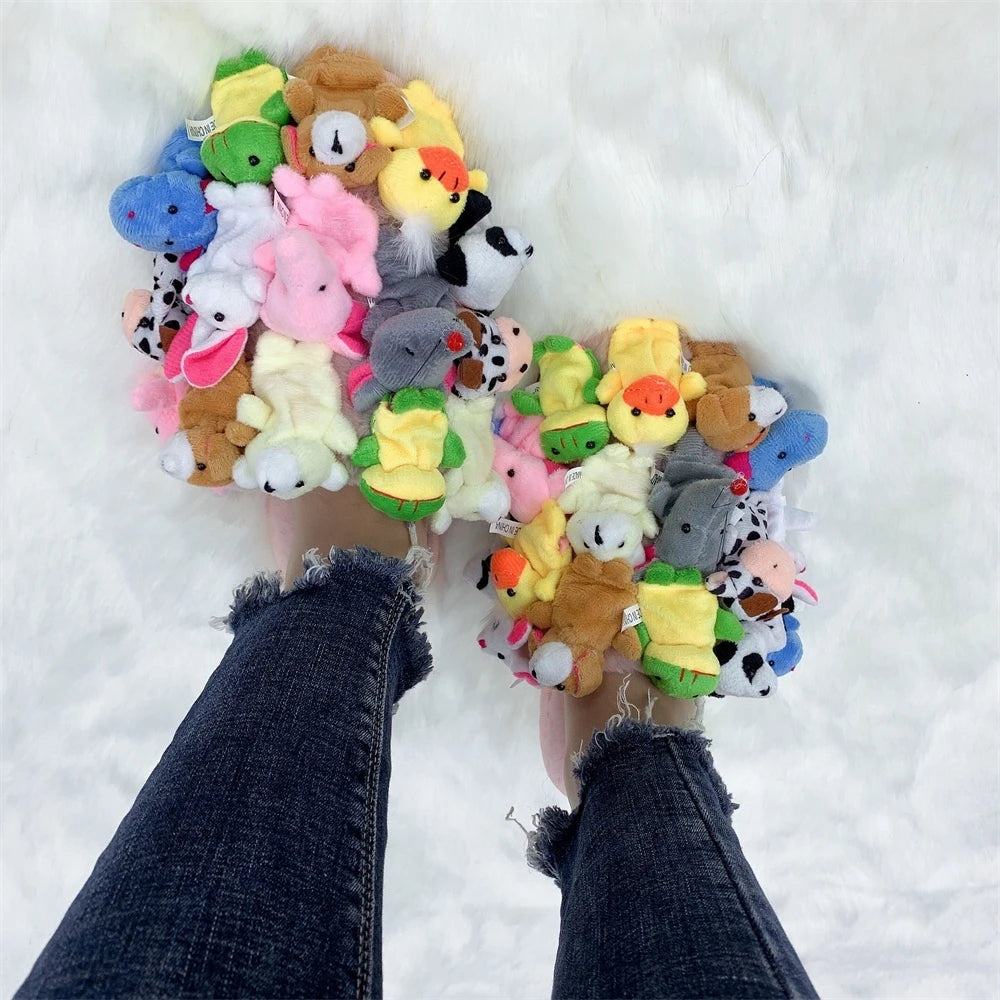 Hausschuhe Damen Baumwoll-Hausschuhe Pelzige Flip-Flops Hausschuhe Süße Teddybär-Puschen Plüsch-Pantoletten Damen Günstige Puschen