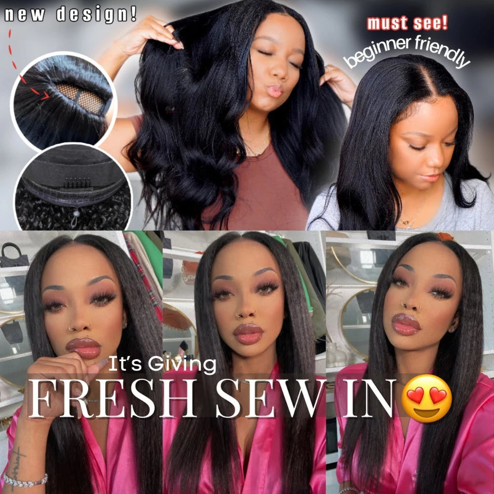 UNice Hair Yaki Straight V Part Wig 100% Human Hair V Shaped Wig Upgrade U Part Wig No Sew In Clip In Half Wig Read To Wear Go