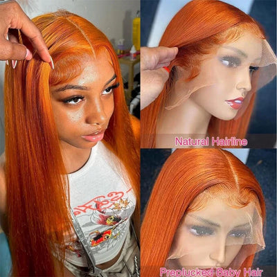 34 Zoll Orange Ingwer Lace Front Perücken Echthaar für Frauen Glatt 13x4 13x6 Lace Frontal Perücke 350 Farbig Vorgezupft Peruanisch