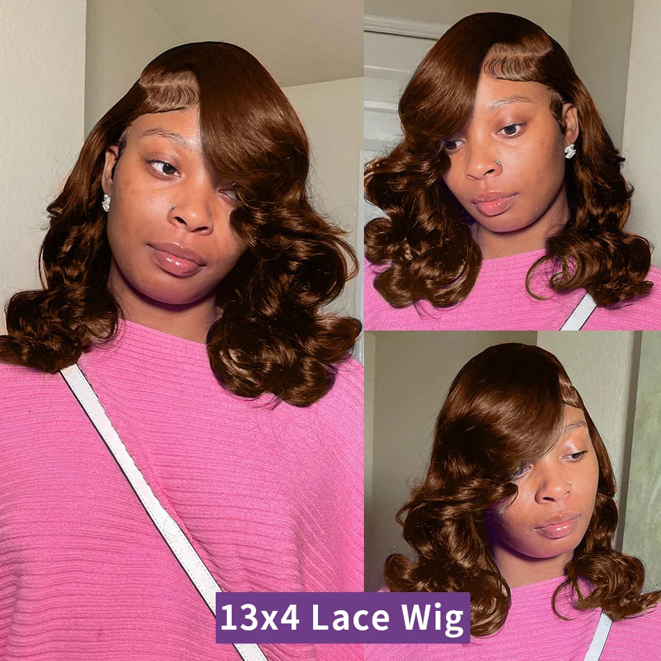 Brown Bob Wig Human Hair 250% 13x4 Body Wave Lace Front Wigs Human Hair Pre Plucked Frontal Chocolate Brown Short Bob Wigs Wavy