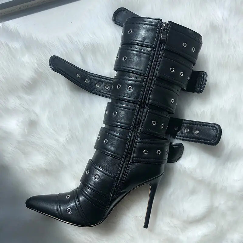 Onlymaker Women Pointed Toe Mid-Calf Boots Buckle Strap Thin High Heel Lady Zipper Female  Stiletto Boots