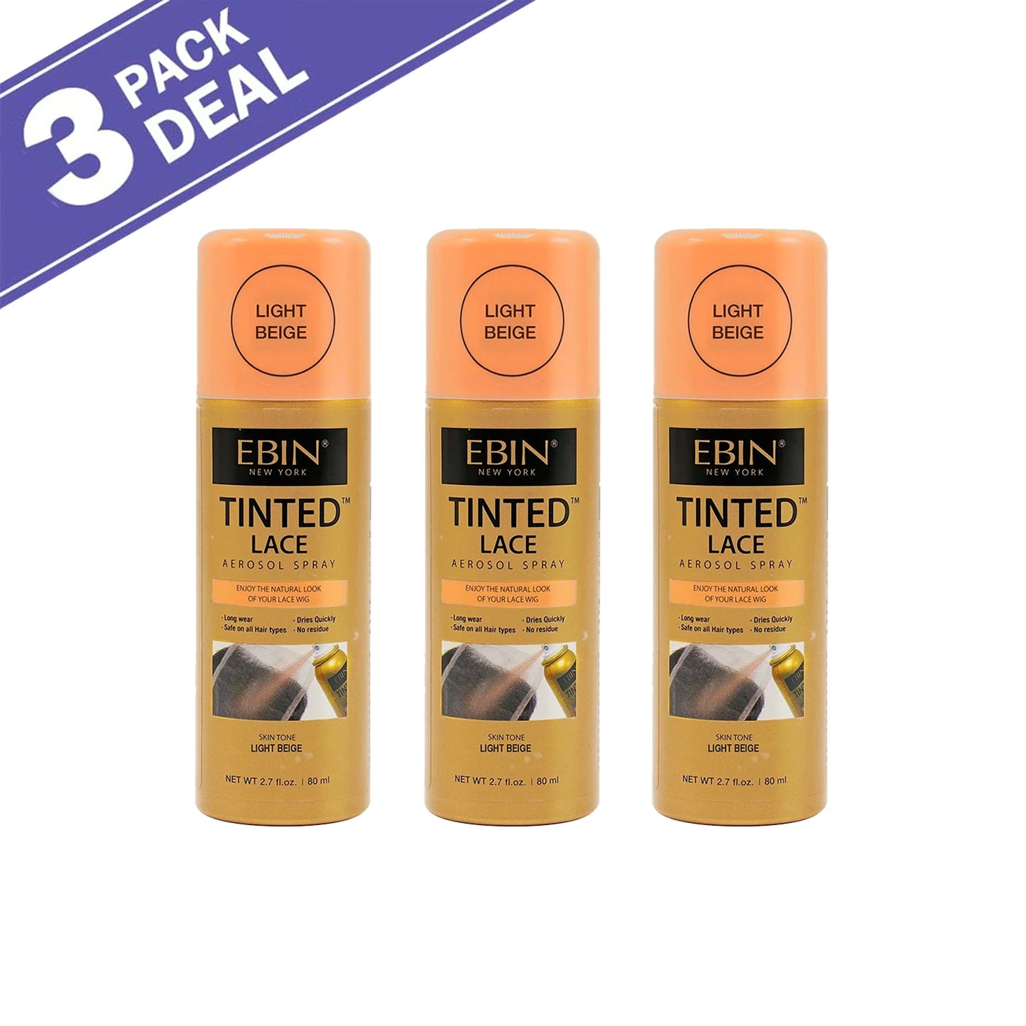 Ebin New York Tinted Lace Aerosolspray 2.7oz/ 80ml – Schnell trocknend, natürlicher Farbton, ideal für nahtloses Verblenden von Spitzen