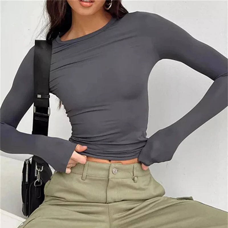 TUSHANGGE Women Long Sleeve T Shirt Spring Autumn Solid Casual Shirts Female Pullovers Tee Y2k Clothes Streetwear Crop Tops