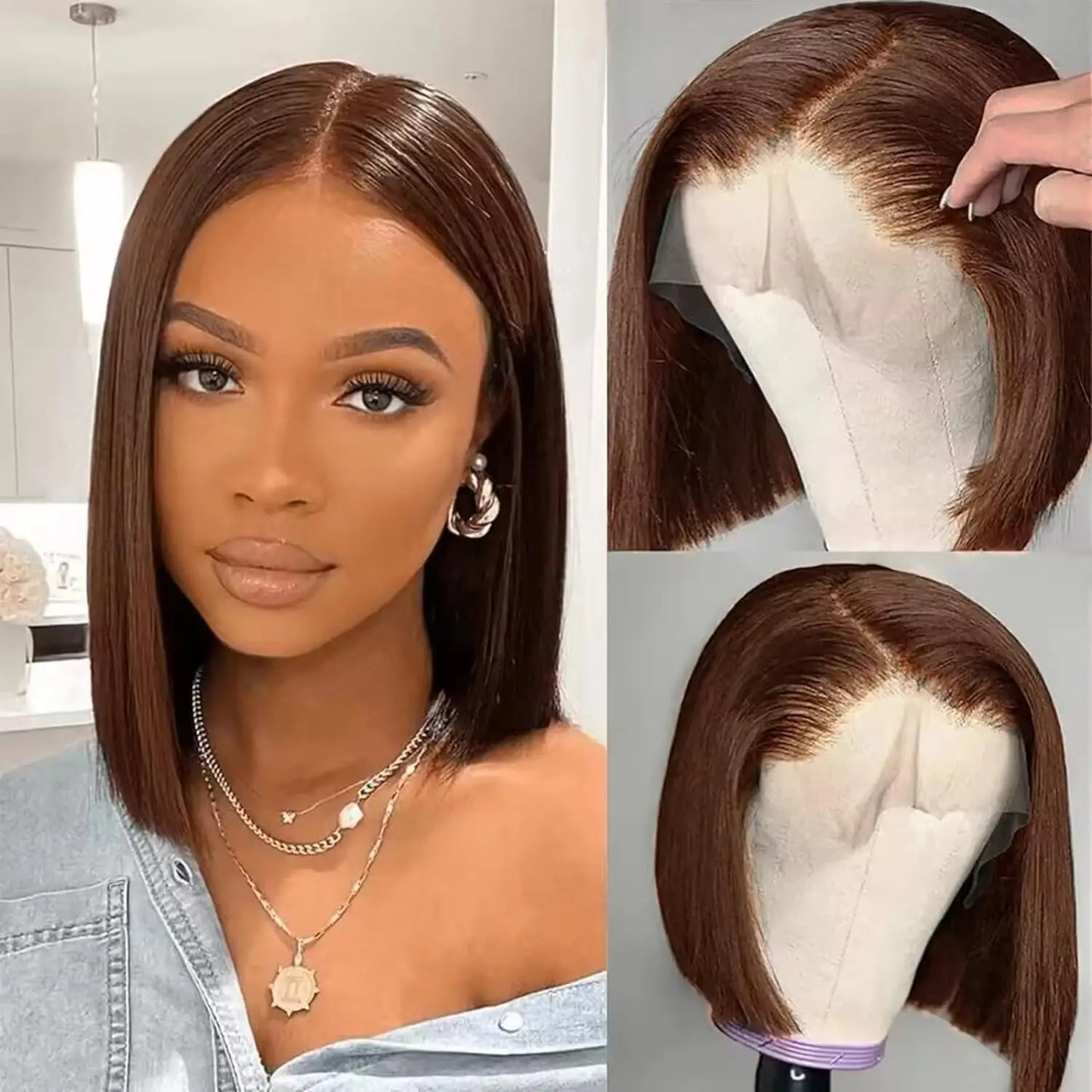13x4 Transparente HD Lace Frontal Perücke Kurze Bob Perücke Echthaar Schokobraun #4 Lace Front Perücken Vorgezupft Kurze Glatte Perücke