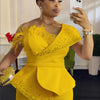 3736# Latest Design Party Jumpsuit Women Off Shoulder High Waist Beaded Feather Decoration Wide Leg Jumpsuit for Ladies