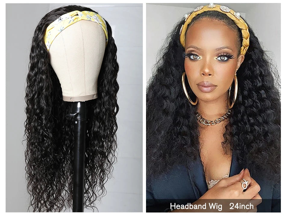 Unice Hair Headband Wig Human Hair Headband Scarf Wig Water Wave Human Hair Wigs for Women No Glue No Sew In Beginner Friendly