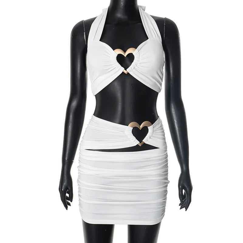Metal Love Patchwork Hollow 2 Piece Sets Women Sexy Halter Vests and Mini Pleated Skirt Matching 2025 Party Club Outfits