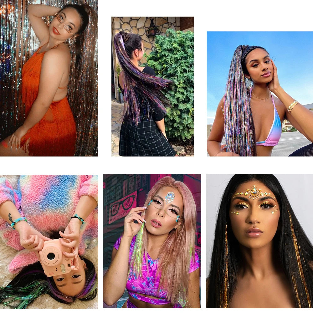 Shiny Sparkle Hair Tinsel 150PC/120cm Thin Colorful Rainbow Silk Hair Extensions Dazzles Women Hippie for Braiding Headdress