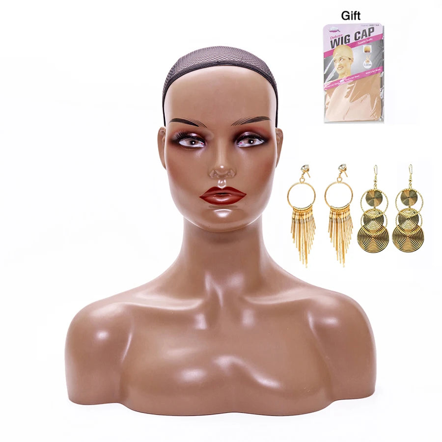 Weibliche Schaufensterpuppenkopf mit Schulter Mannequin Kopf Büste Perückenkopf Ständer mit Make-up für Perücken Präsentation Halskette Kostenlose Ohrringe, Perückenkappe
