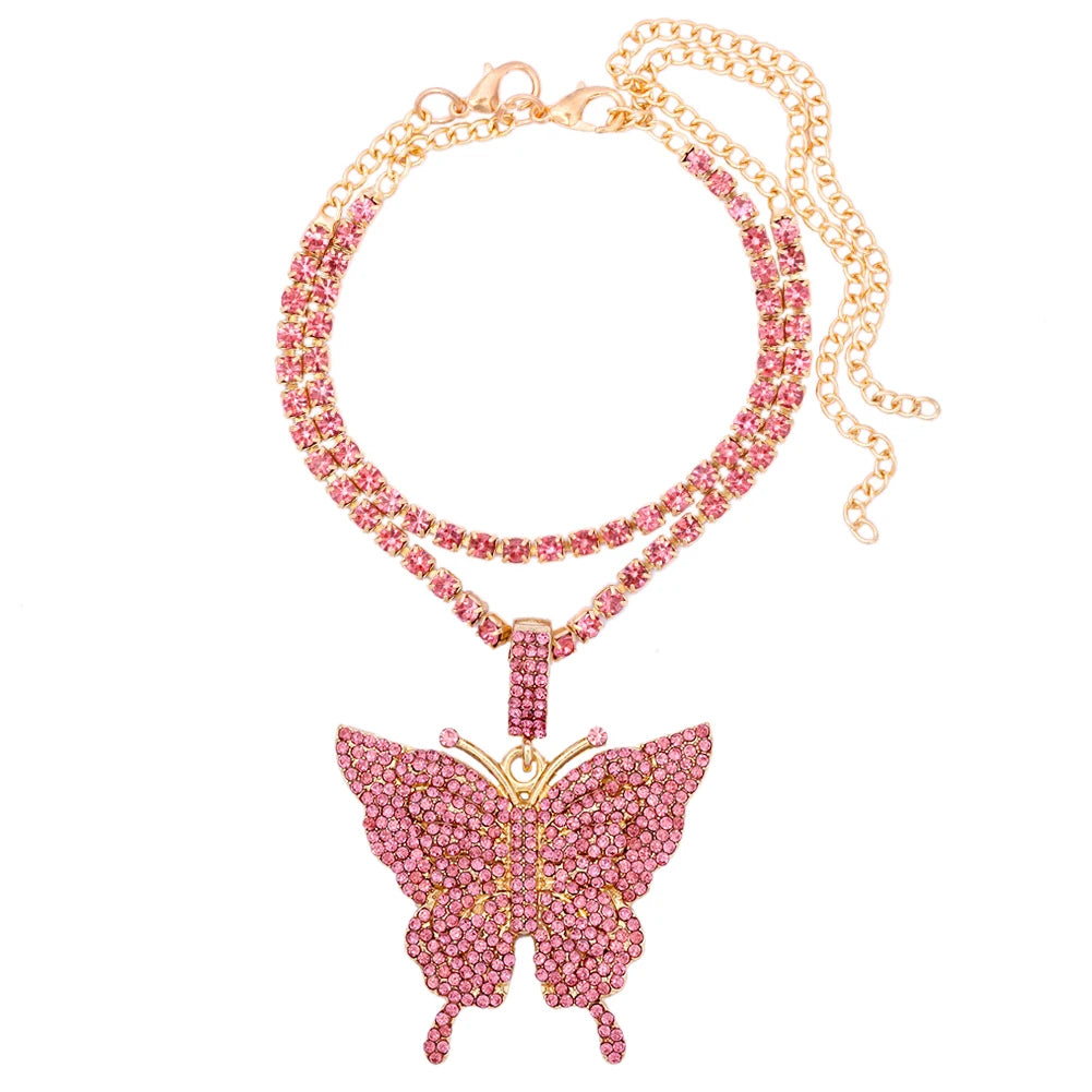 Vergoldete Kristall-Strass Schmetterling Anhänger Fußkettchen für Frauen, mehrschichtige große Strass Tennis-Kette Fußschmuck