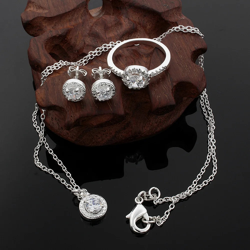 Hot trend 925 sterling Silver crystal pendant necklace earring ring for women Fashion Party wedding accessories Gift Jewelry set