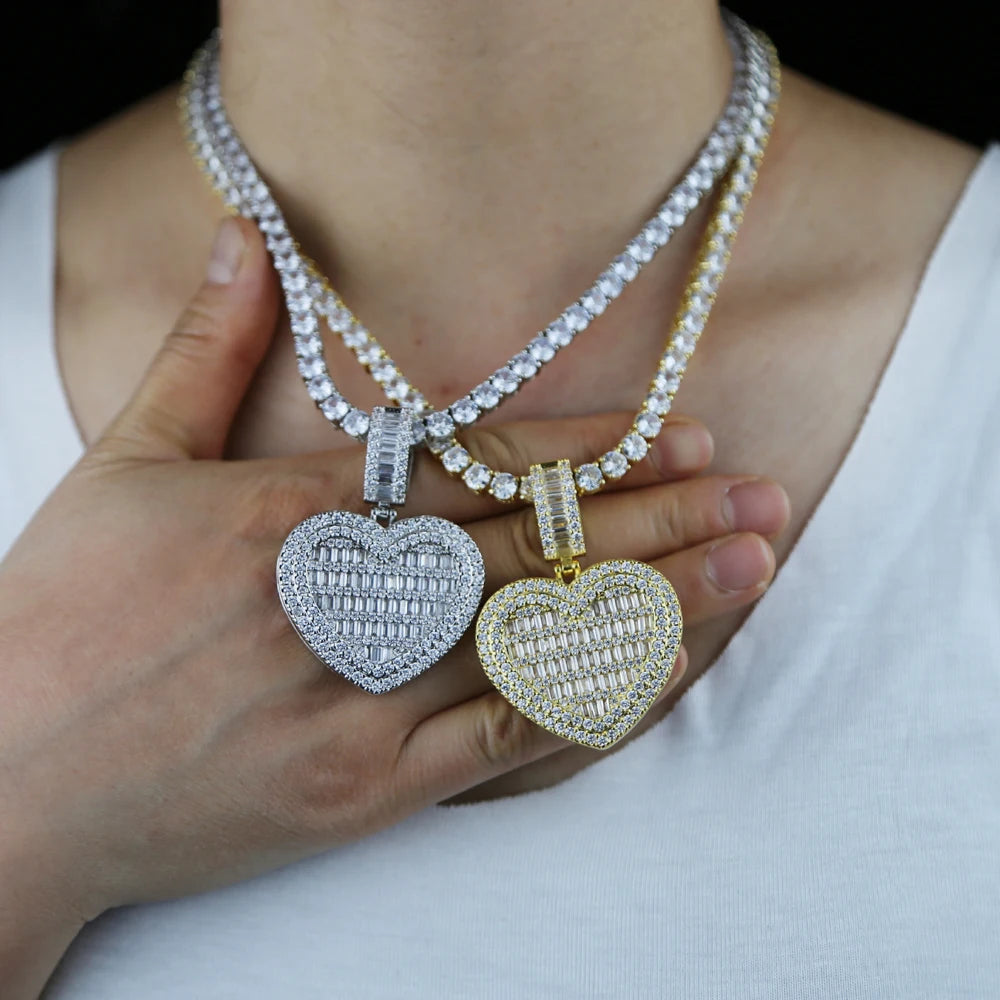 Auf Lager Iced Out Bling Damen Schmuck 5A Weißer Zirkonia Herzanhänger Halskette Mit Tennis Box Chain