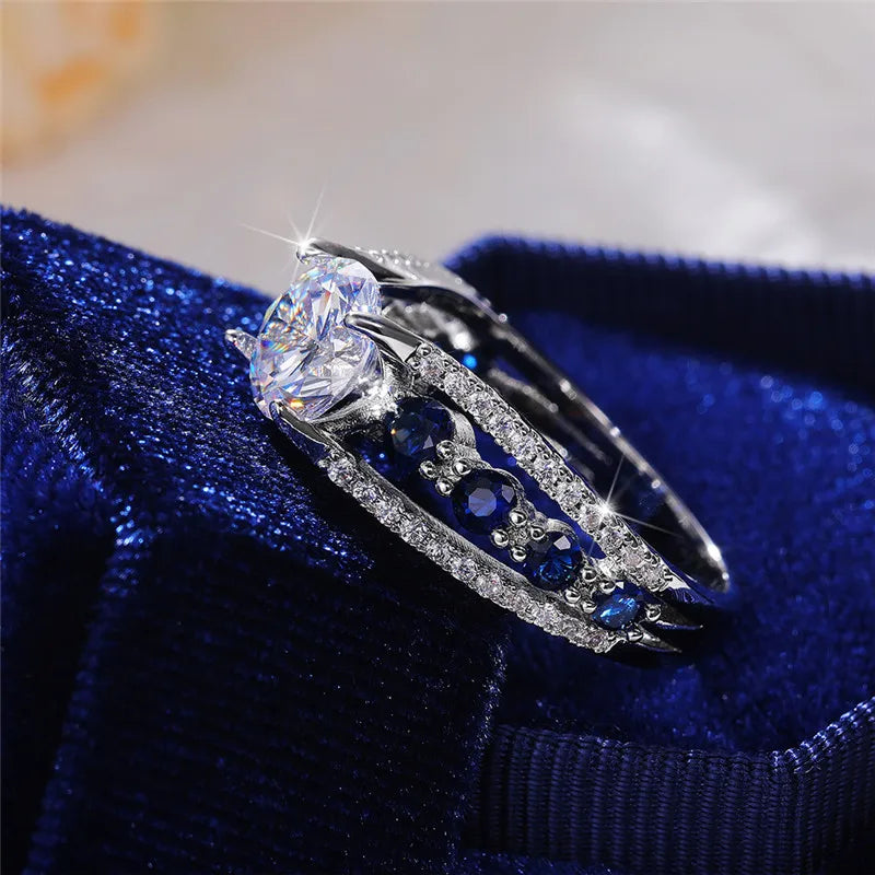 Huitan Special-interest Wedding Rings Women Blue/White Round CZ Novel Designed Female Party Ring Temperament Gift Trendy Jewelry