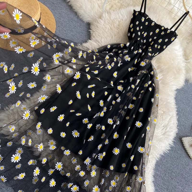 YuooMuoo Koreanische Mode Gänseblümchen Blumendruck Mesh Partykleid Sommer Zweilagiges Spaghettiträger Urlaub Midi Kleid Strandkleid