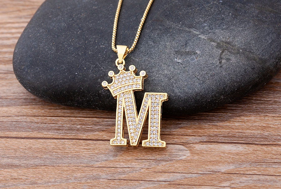 Nidin New Luxury Copper Zircon A-Z Crown Alphabet Pendant Chain Necklace Hip-Hop Style Fashion Woman Man Initial Name Jewelry