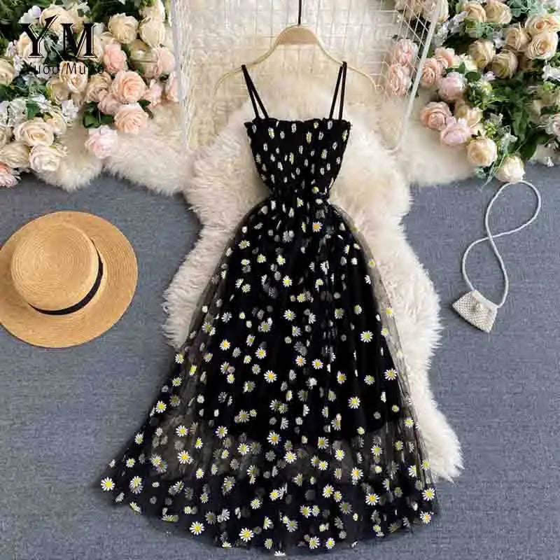 YuooMuoo Koreanische Mode Gänseblümchen Blumendruck Mesh Partykleid Sommer Zweilagiges Spaghettiträger Urlaub Midi Kleid Strandkleid