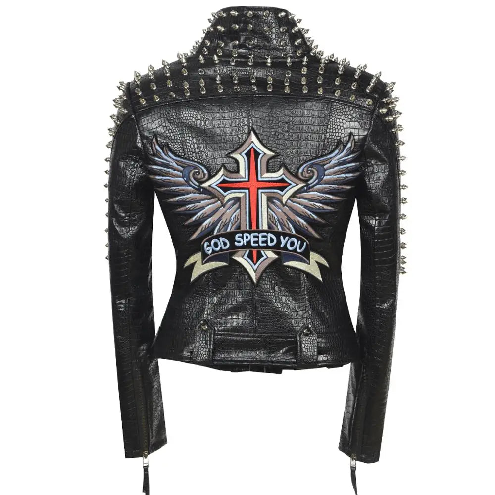 SX Occident Fashion women Club hot style Stud slim fit jacket shoulder rivets zip stitching short PU leather rock coat