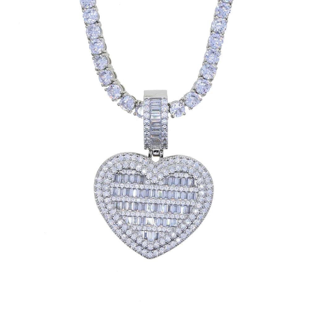Auf Lager Iced Out Bling Damen Schmuck 5A Weißer Zirkonia Herzanhänger Halskette Mit Tennis Box Chain