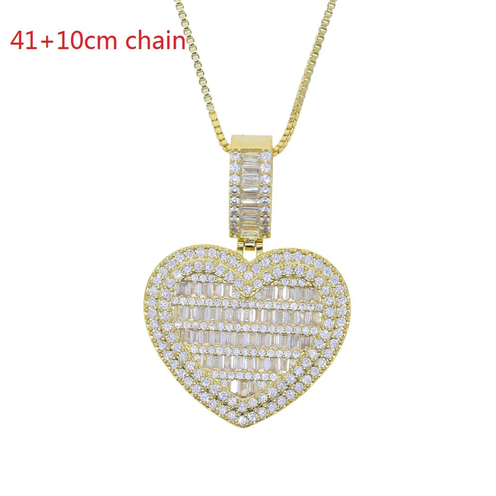 Auf Lager Iced Out Bling Damen Schmuck 5A Weißer Zirkonia Herzanhänger Halskette Mit Tennis Box Chain