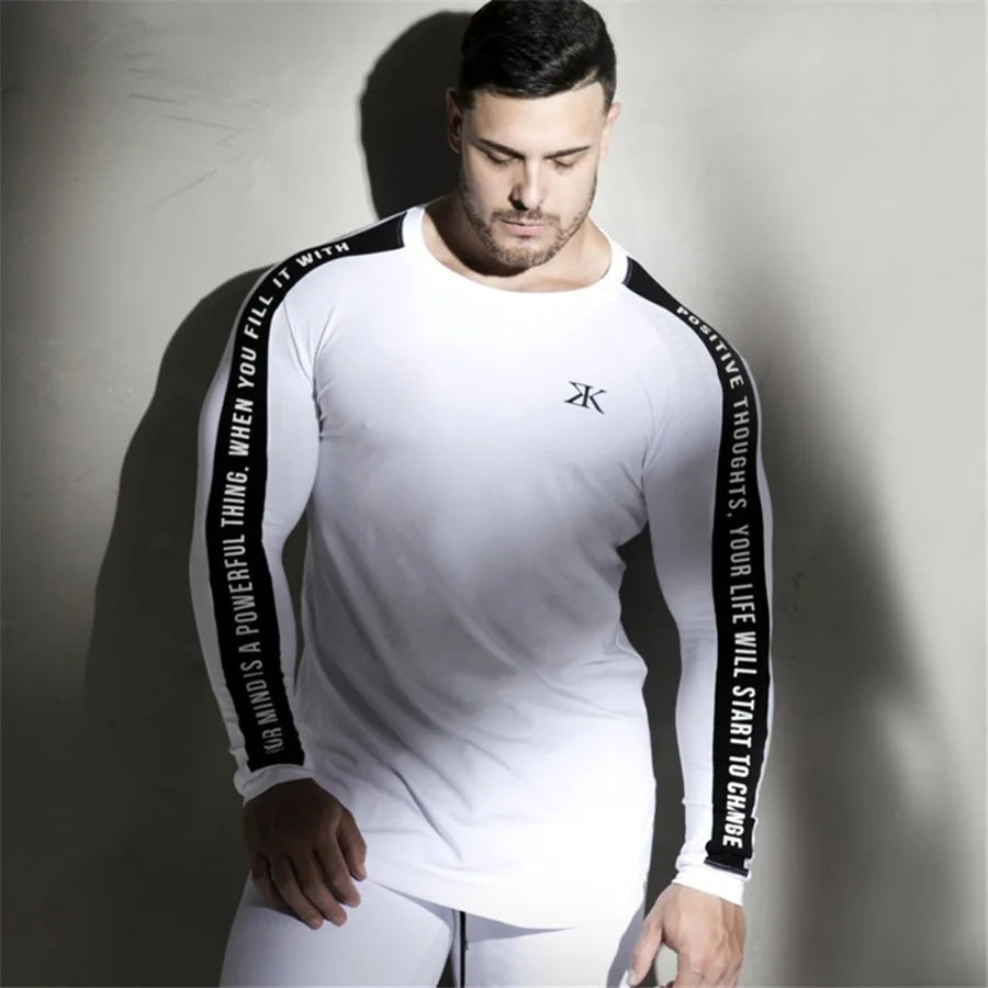 Men Bodybuilding Long Sleeve Shirt Male Casual Fashion Skinny T-Shirt Gym Fitness Workout Tees Tops Running Quick Dry Clothing