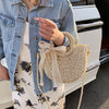 Straw Bag Women Hand-Woven Handbag Moon Shape Lace Bow Rattan Bag Big Capacity Drawstring Casual Beach Shoulder Crossbody Bag