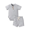 2Pcs Unisex Baby Summer Outfits Suit Solid Color Ribbed Casual Short Sleeves Romper+Elastic Waist Shorts for Toddler Infant