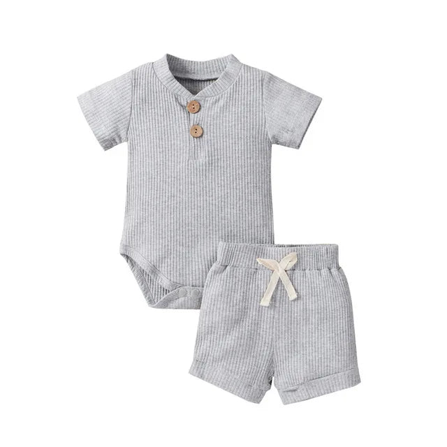 2Pcs Unisex Baby Summer Outfits Suit Solid Color Ribbed Casual Short Sleeves Romper+Elastic Waist Shorts for Toddler Infant